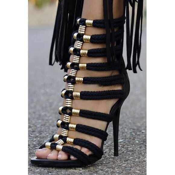 BALMAIN x H&M Sandal Boots Size 38 US 7 Womens Black Strappy Heels Pumps RARE! - Picture 1 of 12